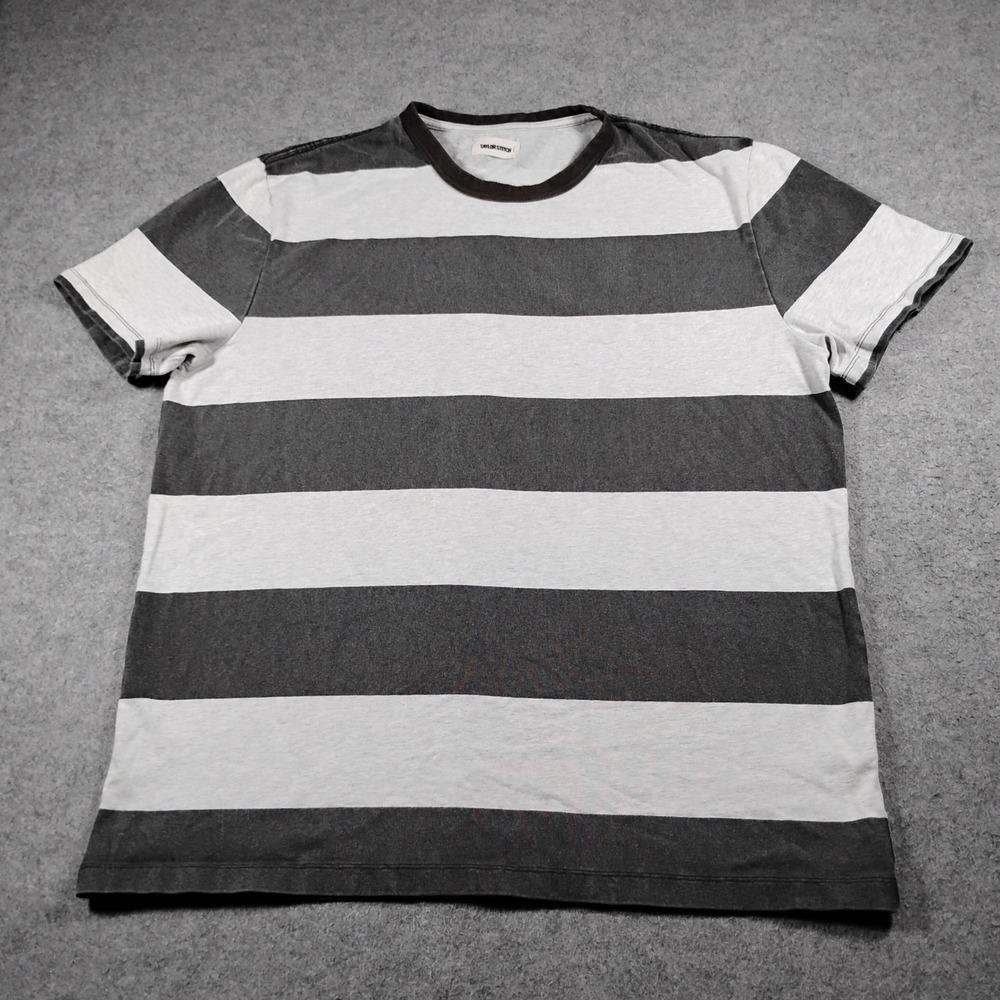 Taylor Stitch Men Grey White Wide Stripe Organic Cotton Short Sleeve Tee Sz XXL